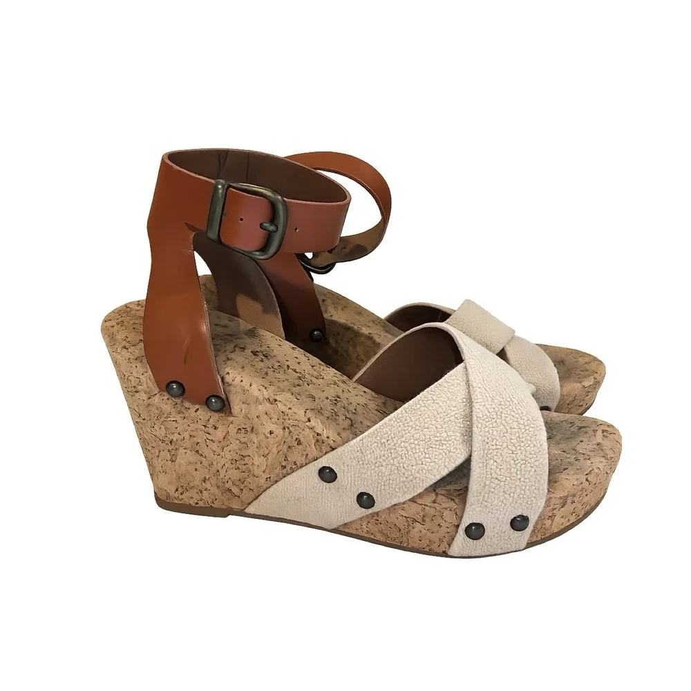 Lucky Brand Marla Cork Wedge Sandals Beige Tan Shoes Elastic Back Size 9.5Medium